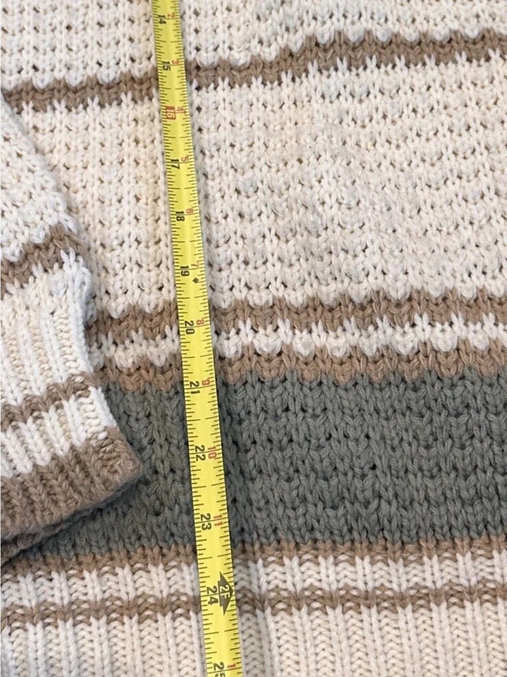 Cream V-Neck Knit Sweater with Taupe and Gray Stripes